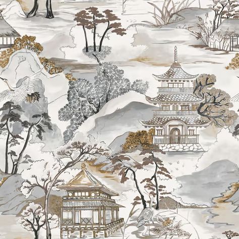 Casamance Nara Wallpaper 7531 7531 01 00 | James Dunlop Textiles Die Wallpaper, Chinoiserie Design, Chinese Pattern, Chinoiserie Wallpaper, Japanese Landscape, Contemporary Wallpaper, How To Make Curtains, Made To Measure Curtains, Color Blending