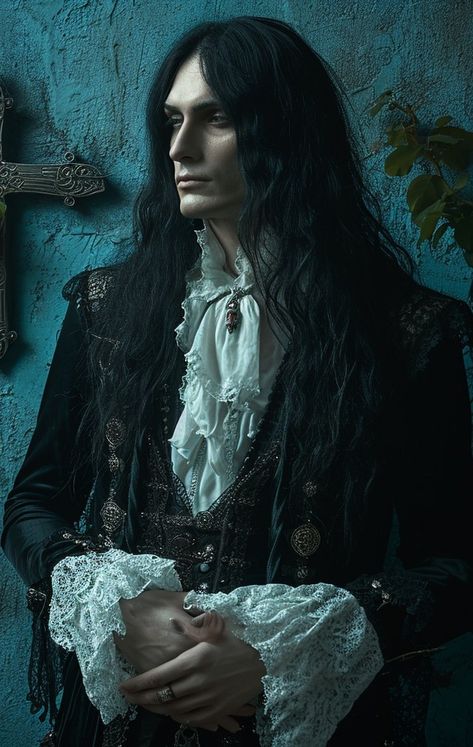 Victorian Male Vampire, Vampire Long Hair Man, Victorian Goth Hairstyles, Vampire Man Aesthetic, Romantic Goth Male, Royal Vampire Aesthetic, Male Vampire Aesthetic, Romantic Vampire Aesthetic, Vampire Aesthetic Male