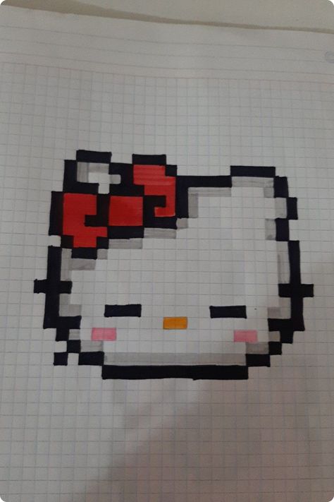 Draw With Squares, Drawings In Squares, Hello Kitty Square Drawing, Squared Paper Art, Hello Kitty Pop Art, Pixel Hello Kitty Art, Drawing On Square Paper, Drawings On Square Paper, Pixel Art Pattern Hello Kitty