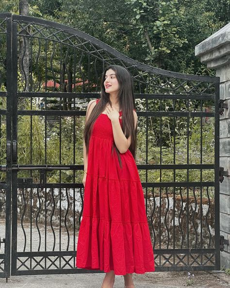 The perfect tiered dress for this summer❤️ @shiphalirana looks so fab in our RED MARIA TIERED DRESS! Visit our website 🛍️ www.sajilo.co SHOP NOW🛍️ [Sundress, cotton dress for summer, maxi dress, vacation outfit ideas, holiday outfit inspo] #sajilo_official #dress #fashion #style #ootd #dresses #outfit #onlineshopping #instagood #instafashion #beauty #fashionblogger #dresses #partyweardresses #designerdresses #sale #newcollection #summerdresses #beachwear #cottondresses #shortdresses #l... Poses With Maxi Dress Outfit, Maxi Dress Poses Instagram, Maxi Dress Poses, Dress Poses Instagram, Maxi Dress Vacation, Outfit Ideas Holiday, Official Dress, Dress Poses, Holiday Outfit Inspo