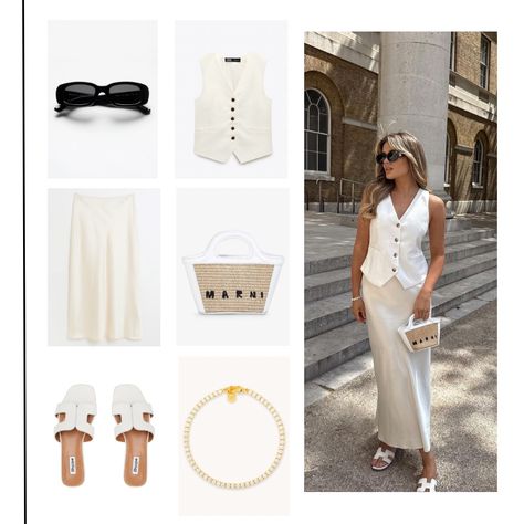 White Cat Eye Sunglasses Outfit, Cream Midi Skirt Outfit Summer, Cream Silk Skirt Outfit Summer, White Bag Outfit Summer, Cream Waistcoat Outfit, Skirt With Waistcoat, White Silk Maxi Skirt Outfit, Cream Waistcoat Outfit Women, White Satin Skirt Outfit Summer