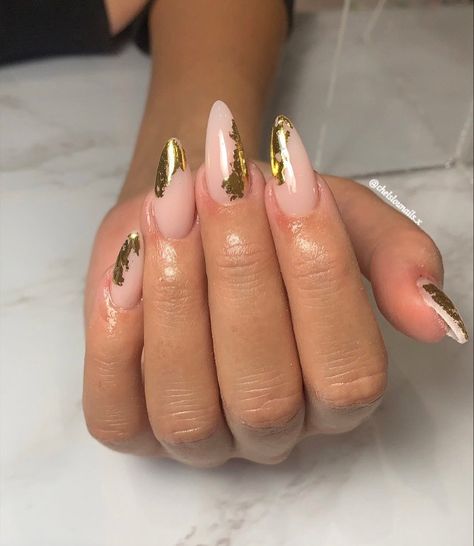 Pink Foil Nails, Pink Gold Nails, Foil Nail Designs, Almond Nails Pink, Almond Acrylic Nails Designs, Foil Nail Art, Short Almond Nails, Fully Booked, Transfer Foil