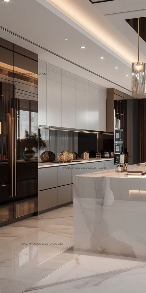 The minimalist cabinetry in the kitchen features flat-panel doors and push-to-open mechanisms for an uncluttered façade. Luxurious Kitchens, Modern Minimalist Kitchen, Desain Pantry, Kitchens Luxury, Minimalist Kitchen Design, Contemporary Bar Stools, Luxury House Interior Design, Contemporary Bar, Casa Vintage