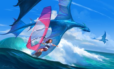 Fantasy Places, Fantasy Creatures Art, Dragon Artwork, Modern Fantasy, Mythical Creatures Art, Dragon Drawing, Fantasy Art Landscapes, Creature Concept Art, Windsurfing