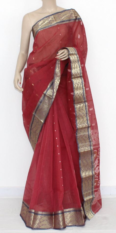 Light Maroon Handwoven Bengali Tant Cotton Saree Zari Border (Without Blouse) 14102 Cotton Saree, Hand Weaving, Saree