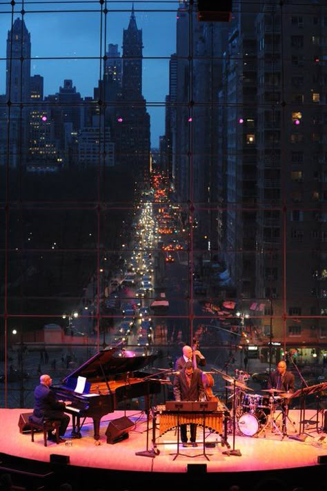 The Allen Room. Jazz at Lincoln Center.  Gorgeous view of the central park and the city lights.  NEW YORK CITY. Jazz New York, Nyc Lights At Night, New York Jazz Bar Aesthetic, New York Jazz, Jazz Architecture, New York Jazz Aesthetic, Jazz Astethic, New York Bar Aesthetic, Jazz Bar Aesthetic