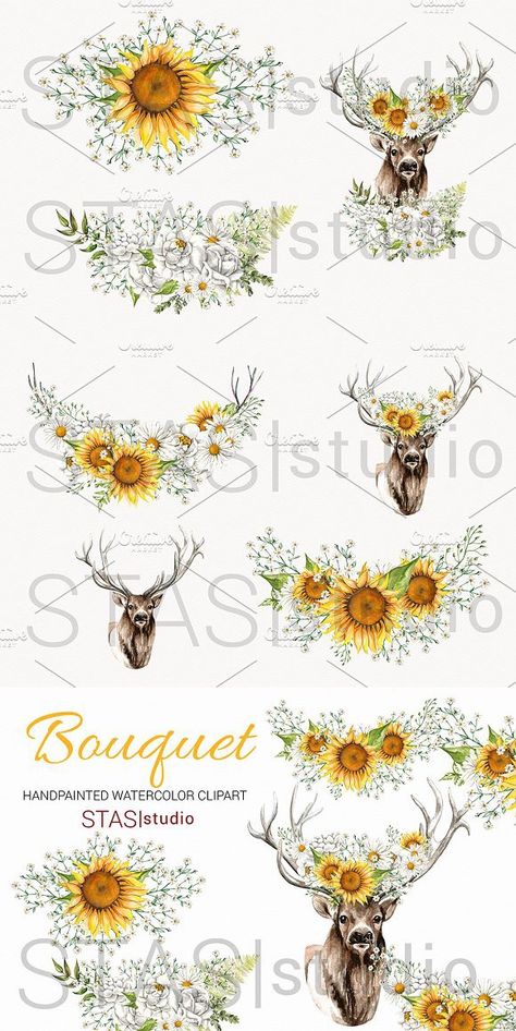 Sunflower Crown Tattoo, Sunflower Antler Tattoo, Flower Crown Tattoo, Flower Crown Drawing, Wedding Flowers Gypsophila, Sunflowers Bouquet, Sister Ideas, Bouquet Clipart, Crown Drawing