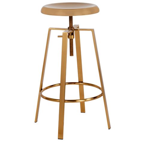 Dine and drink in style with this modern Flash Furniture CH-181070-26S-GLD-GG Toledo industrial style gold bar stool. This stool is a perfect addition to any space and features a molded seat to promote comfortable, relaxed use. The seat also swivels so users are free to turn and talk to their neighbor with complete ease. To accommodate users of all heights at any table, the seat can be adjusted between 26" and 35" high so each guest can find the perfect height for optimal comfort. The s Rose Gold Bar Stools, Gold Bar Stools, Restaurant Bar Stools, Backless Stools, Chaise Metal, Industrial Bar Stools, Backless Bar Stools, Adjustable Stool, Leather Bar Stools