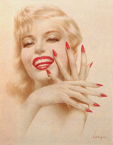 Vargas Girls, Girls Lipstick, Pin Up Vintage, Bright Red Lipstick, Creation Photo, Stiletto Nail Art, Pinup Art, Vintage Nails, Stiletto Nails Designs