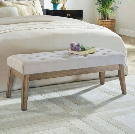 Cream colored upholstered bench for bedroom or living room #upholstery #upholsteryinspiration #bench #bedroom #bedroomideas #furniture #bedroominspo Foot Of Bed Bench, Midnight Kitchen, California King Headboard, Grey Benches, Tufted Bench, Outdoor Lounge Chairs, Best Outdoor Furniture, Tufted Ottoman, Bed Bench