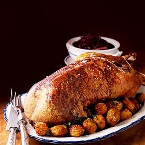 Roast goose stuffed with apples and prunes. Traditional Christmas fare. Delicious! Roast Goose Recipes, Vegetable Sauces, Cooked Goose, Spiced Red Cabbage, Roast Goose, Prune Recipes, Goose Recipes, Red Cabbage Recipes, Christmas Goose