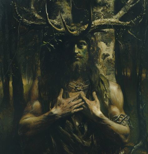 "Cernunnos" by Emile Corsi, 1912 Druidic Aesthetic, Cernunnos Aesthetic, Emile Corsi, Unseelie Court, Black Paintings, Maiden Mother Crone, Celtic Druids, Divine Purpose, Wild Man