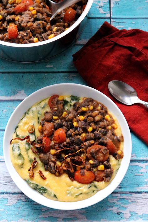 Spinach Polenta, Goya Black Beans Recipe, Black Bean Stew, Chipotle Black Beans, Cheesy Spinach, Black Bean Recipes, Vegetarian Main Dishes, Fried Shallots, Bean Stew