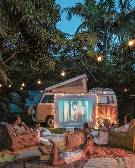 26 Outdoor Cinemas to Turn Your Movie Night Into an Adventure | DIY Your Own Kombi Motorhome, Outdoor Cinema, Combi Volkswagen, Backyard Movie, Van Living, Summer Goals, Camping Ideas, Summer Bucket Lists, Summer Bucket