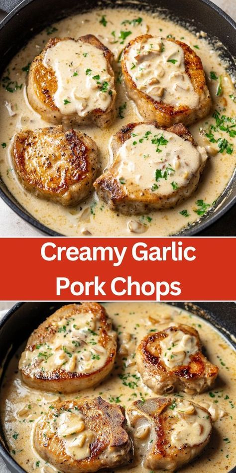 Looking for a quick and flavorful dinner idea? These creamy garlic pork chops are cooked to perfection in a rich, buttery garlic sauce. Perfect for weeknights or a special meal, this easy recipe is ready in under 30 minutes. Pair with mashed potatoes or veggies for a complete and delicious dinner everyone will love. Creamy Garlic Pork Chops, Quick Pork Chop Recipes, Buttery Garlic Sauce, Garlic Pork Chops, Best Pork Chop Recipe, Smothered Pork Chops Recipe, Deep Dish Pizza Recipe, Garlic Pork, Easy Pork Chops