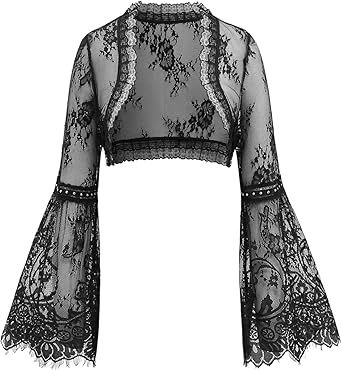 ROSE GAL Rosegal Womens Plus Size Gothic Y2K Sheer Floral Lace Studs Long Flare Sleeves Bolero Shrug Jacket Plus Size Gothic, Shrug Jacket, Gothic Y2k, Bolero Shrug, Rose Gal, Flare Sleeves, Floral Lace, Plus Size, Lace