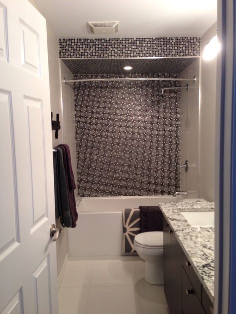 Dramatic shower wall and bulkhead to house lighting. When the door is left open - what a great view!! www.design--shop.com Bulkhead Ideas, White Bathroom Paint, Black And White Tiles Bathroom, Small Bathroom Remodel Designs, Older Homes, Farmhouse Bathroom Remodel, Bathroom Vanity Makeover, Bathroom Organization Diy, House Lighting