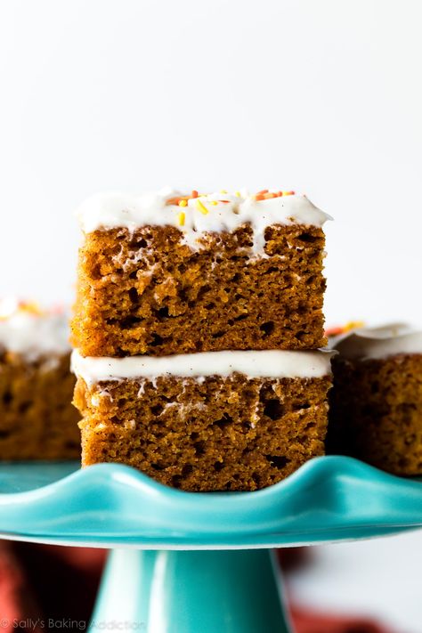 These soft, moist, and spiced pumpkin bars are the best we've ever tried. Mega flavorful and topped with tangy cream cheese frosting. Fall dessert recipe on sallysbakingaddiction.com Best Pumpkin Bars, Gluten Free Gingerbread Cake, Gluten Free Pumpkin Bars, Sallys Baking, Gluten Free Gingerbread, Pumpkin Pie Bars, Sally's Baking, Pumpkin Bars, Gingerbread Cake