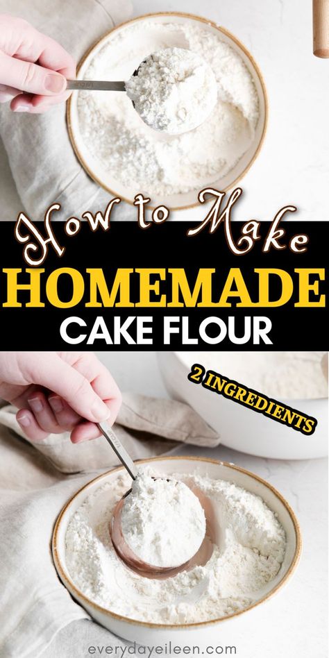 A Pinterest pin for homemade cake flour. Homemade Cake Flour, Cake Flour Substitute, 2 Ingredient Recipes, Flour Substitute, Homemade Cake, Gorgeous Cakes, Cake Flour, 2 Ingredients, Homemade Cakes