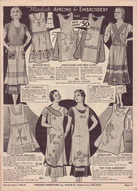 1932-3 Herrschner's catalog aprons Hadestown Costume, 1930s Apron, Apron History, Apron Patterns, Apron Ideas, Vintage Aprons, Vintage Sewing Notions, Handmade Aprons, Vintage Apron