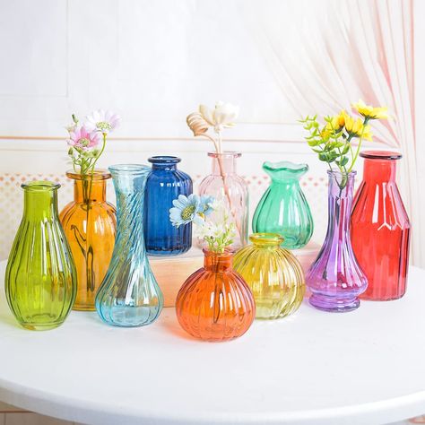 Colorful Boho Wedding Centerpieces, Colorful Vases Centerpiece, Colorful Glass Centerpieces, Colorful Vases Decor, Diy Eclectic Wedding Decor, Multicolor Wedding Decor, Vibrant Wedding Centerpieces, Wildflower Rustic Wedding Theme, Colorful Vases Wedding