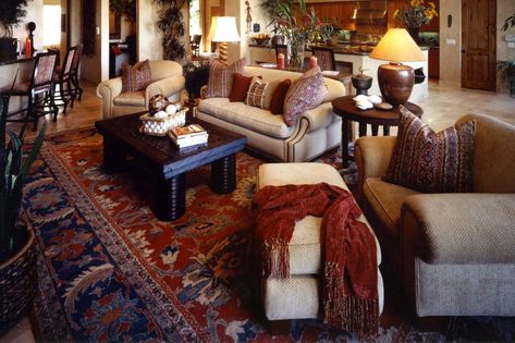 Using red in areas of a room, rather than the whole room, helps to define spaces without overwhelming. Big Rug, Red Living, Indian Living Rooms, Textured Carpet, Eclectic Living, Light Grey Walls, Living Room Red, Living Room Color Schemes, Neutral Living Room