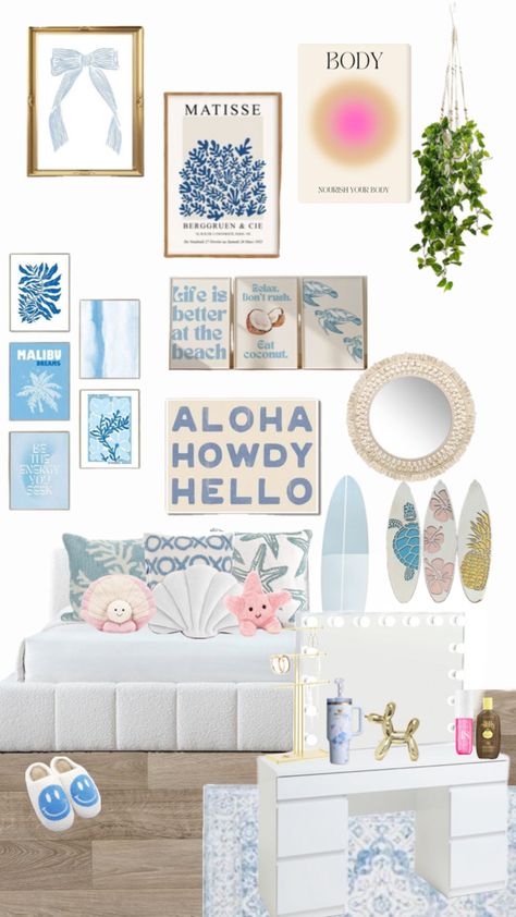 Beachy costal room inspo inspiration summer preppy blue pattern flower gold interior designer vanity Stockholm Beach Room Aesthetic Preppy, Beach Room Collage, Cute Beach Bedroom, Coastal Teenage Girl Bedroom, Beach Room Makeover, Colorful Beachy Bedroom, Coastal Granddaughter Bedroom Decor, Beach Bedroom Ideas For Teens, Coastal Dorm Room Ideas