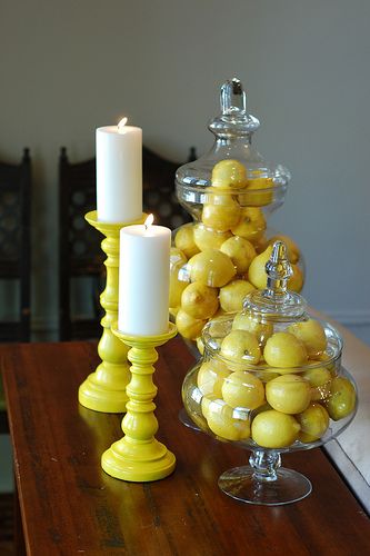 Lemon Kitchen Decor, Yellow Candles, Lemon Kitchen, Spring Centerpiece, Yellow Decor, Lemon Decor, Yellow Kitchen, Decoration Inspiration, Apothecary Jars