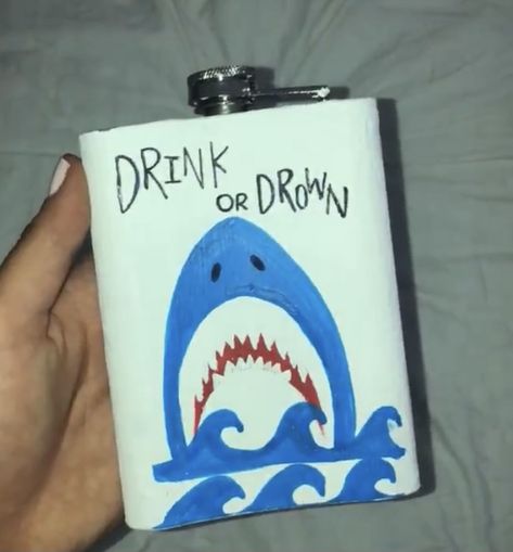 Sigma Chi formal in Lake Tahoe. Drink or drown handpainted fraternity formal date flask. Swimming pun. Shark. Shark week Flask Designs Diy, Frat Flask Painted, Formal Flask, Frat Bro, Painted Flask, Painted Coolers, Formal Cooler Ideas, Formal Cooler, Flask Design