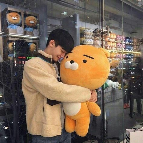 Nothingsqueen94 Holding Plushie, Ryan Kakao, Kakao Ryan, Man Hug, Man Anatomy, Sister And Brother, Male Pose Reference, Kakao Friends, Cute Plushies