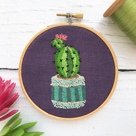 Cactus Embroidery Pattern, Embroidery Free Pattern, Embroidery Pattern Design, Embroidery Theme, Embroidered Cactus, Cactus Embroidery, Basketweave Stitch, Learning To Embroider, Stitching Cards