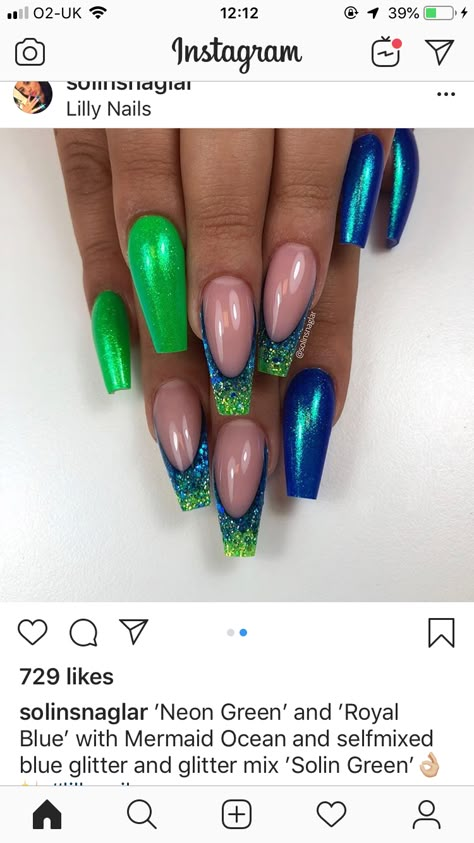 Blue Green Sparkle Nails, Mermaid Nails Blue Green, Neon Green And Teal Nails, Seahawks Nails Design Blue Green, Royal Blue And Lime Green Nails, Royal Blue And Green Nails, Green Sparkling Nails, Navy Blue And Green Nails, Seahawk Nails Design