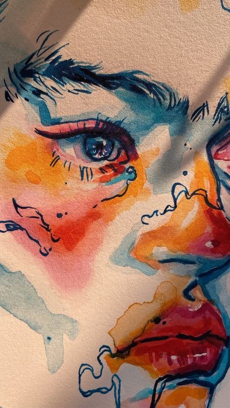 Color Pencil Line Art, Human Eye Painting, Colourful Watercolour Painting, Watercolor Art Eyes, Water Coloring Art, Colorful Portrait Painting, Paintings Face, Inspo Art, Smile Art