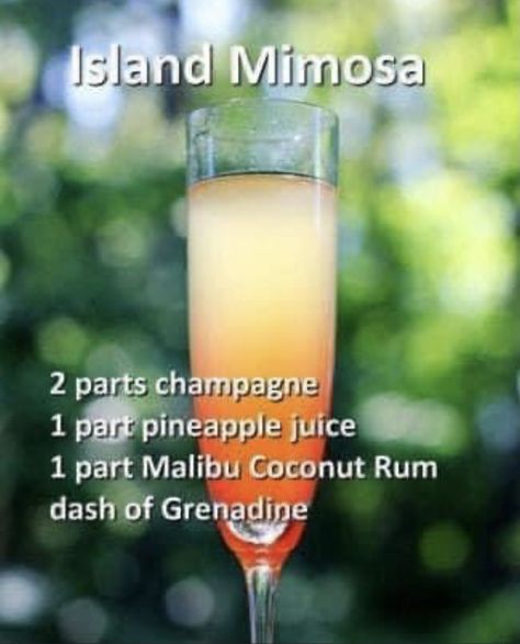 Mimosa Recipes, Tropisk Fest, Fruity Mixed Drinks, Malibu Coconut, Champagne Drinks, Cocktail Drinks Alcoholic, Happy Drink, Mixed Drinks Alcohol, Yummy Alcoholic Drinks