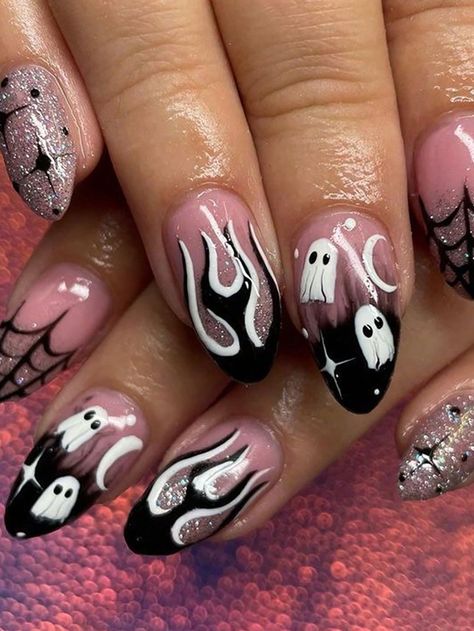 Get into the Halloween spirit with these spooky nail designs for 2024! From creepy cobwebs to ghostly ghouls, these nails will add a hauntingly chic touch to your look. 🕸️ Perfect for any Halloween event, explore creative styles that bring out the fright in a fashionable way. Discover more and get inspired for your next manicure! #HalloweenNails #SpookyStyle #NailArt Halloween Nails Round Tip, Almond Shaped Halloween Nails, Cobweb Nails, Nails Creative, Nails Stickers, Halloween Nails Easy, Girly Acrylic, Halloween Press On Nails, Shaped Nails