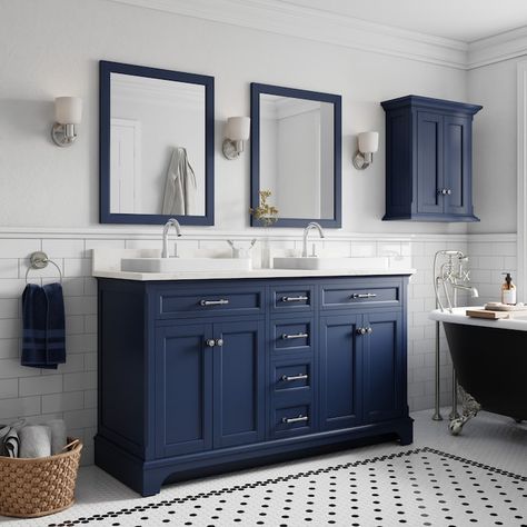 Navy Blue Bathroom Decor, Blue Bathroom Walls, Dark Blue Bathrooms, Linen Storage Cabinet, Navy Blue Bathrooms, Navy Bathroom, Blue Bathroom Vanity, Teal Bathroom, Blue Bathroom Decor