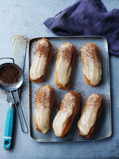 Martha Collison’s Coffee & Irish Cream Éclairs | Great British Food Awards Eclair Cream, Great British Food, Eclair Recipe, Food Signs, Cream Filling, British Food, Irish Cream, Eclairs, Donut Recipes