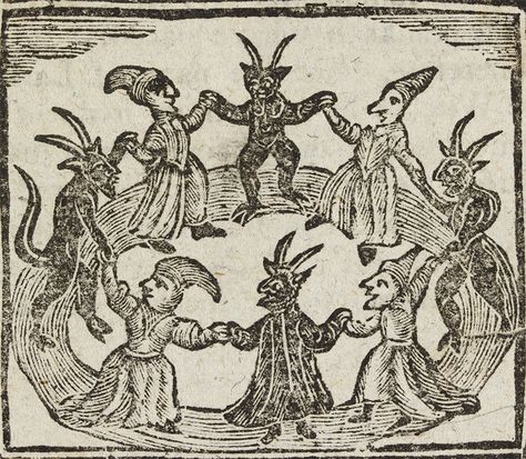 Woodcut depicting witches and demons, taken from a chap-book http://www.ashmolean.org/ashwpress/douceblog/2011/10/31/witches-and-goblins/ Witches Dance, Witch History, Traditional Witchcraft, Theme Tattoo, Dragon Age Origins, Occult Art, Bodo, Beltane, Medieval Art