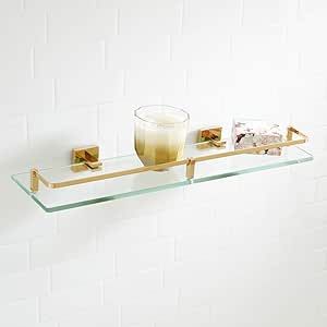 Signature Hardware 295797 Albury 19-5/8" Glass Bathroom Shelf Signature Hardware Bathroom, Hanging Bathroom Shelves, Bathroom Wood Shelves, Glass Bathroom Shelves, Bathroom Build, Brass Shelves, Fall Bathroom, Glass Theme, Shelf Bathroom