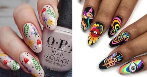 Mushroom Cake Ideas, Trippy Mushroom Nails, Mushroom Nail Designs, Nails Trend 2023, Edc Nails, Mushroom Nail Art, Mushroom Nails, Black And Nude Nails, Mushroom Cake