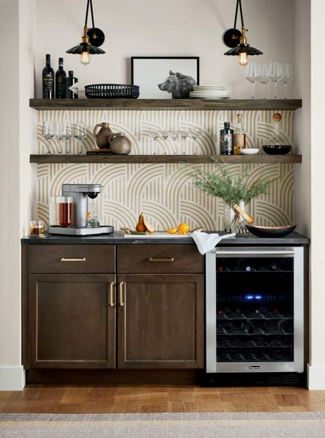 Swanky Stocked Bar - Home - The Home Depot Wet Bar Nook, Dry Bar Nook, Tile Splash Back, Bar Wall Ideas, Dining Area Wall, Kitchen Wine Bar, Home Depot Cabinets, Mcm Bar, Bar Nook