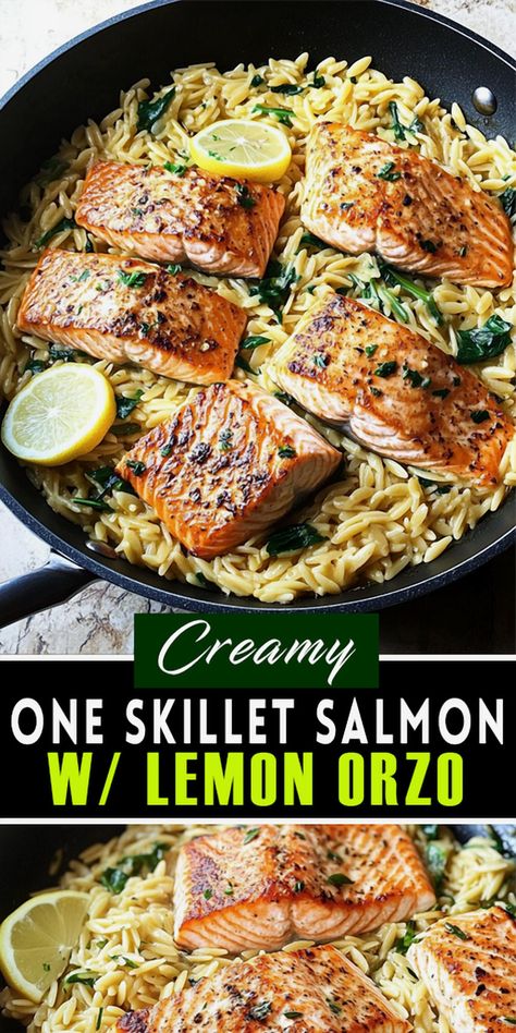 Craving a quick, delicious, and nutritious meal? Try this One Skillet Salmon with Lemon Orzo, ready in just 30 minutes. Enjoy the vibrant flavors of lemon and perfectly cooked salmon, ideal for hectic weeknights or a relaxed weekend meal. With just one pan, clean-up is a breeze, and it's loaded with healthy goodness. Save this recipe now to make your dinners simple and satisfying! Lemon Salmon Orzo Skillet, One Skillet Salmon With Lemon Orzo, Salmon And Shrimp Recipes Healthy, Fast Healthy Dinner Recipes Clean Eating, Renal Diet Salmon Recipes, Salmon Orzo Recipe Healthy, Salmon Meal Recipes Dinners, Salmon With Orzo Recipes, Salmon Dinner For Two