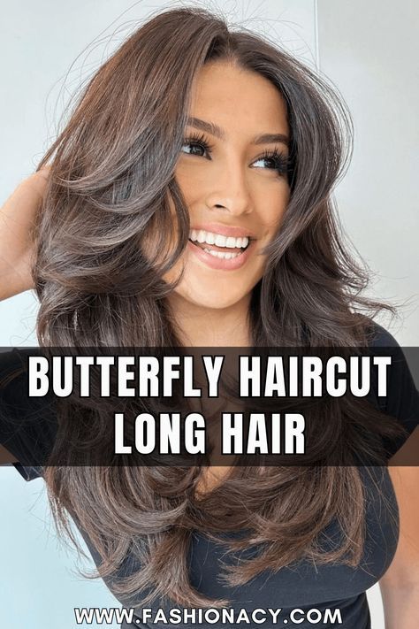 Embrace the allure of the Butterfly Haircut for long locks, offering a cascade of layers and textured movement, creating a glamorous and voluminous hairstyle that's both modern and effortlessly chic. The Butterfly Haircut, Butterfly Haircut, Long Length Hair, Bangs Straight, Extension Hair, Haircut Straight, Layered Haircuts For Medium Hair, Haircut Long, Brunette Hair With Highlights