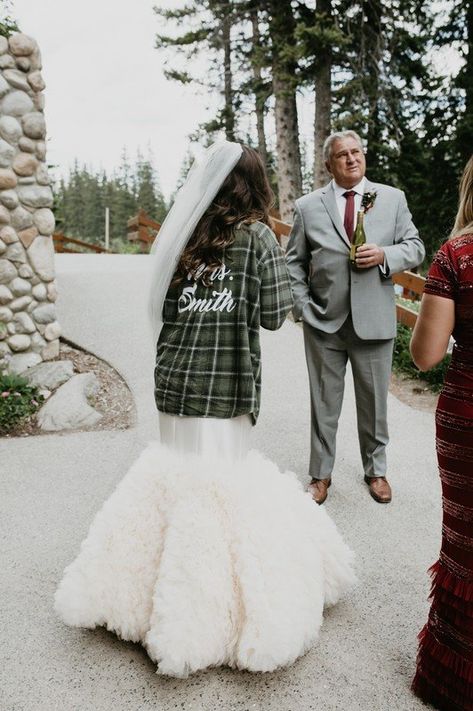 Flannel Over Wedding Dress, Flannel Wedding Dress, Country Vow Renewal, Wedding Flannel, Bride Flannel, Flannel Wedding, Country Wedding Bridesmaids, Country Fall Wedding, I Do Take Two