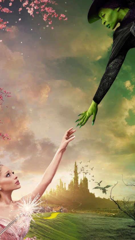 Wicked Film Poster, Wicked Movie Phone Wallpaper, Wicked Wallpaper Ariana, Glinda And Elphaba Wallpaper, Wicked Poster Aesthetic, Wicked Background Aesthetic, Wicked Glinda Wallpaper, Ariana Grande Wicked Wallpaper, Wicked Iphone Aesthetic