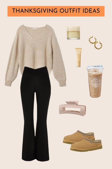 #Ad #AmazonAffiliate Looking for a cozy yet stylish Thanksgiving outfit idea? Pair high-waisted, wide-leg black leggings with a soft, oversized beige V-neck sweater for ultimate comfort. Add sand-colored UGG slippers and style it up with a nude claw clip, twisted hoops, and a matching necklace. Complete the look with an iced coffee in hand and a touch of hydration with LANEIGE lip mask & balm. Perfect for lounging and gathering! #ThanksgivingOutfit #CozyStyle #FallFashion #OutfitInspo Ugg Slippers Outfit Leggings, Modern Winter Outfits, Chic Thanksgiving Outfit, Winter Outfit Formal, Beige Sweater Outfit, Aesthetic Outfits Winter, Formal Outfit Ideas, Winter Outfit Ideas For Women, Slippers Outfit