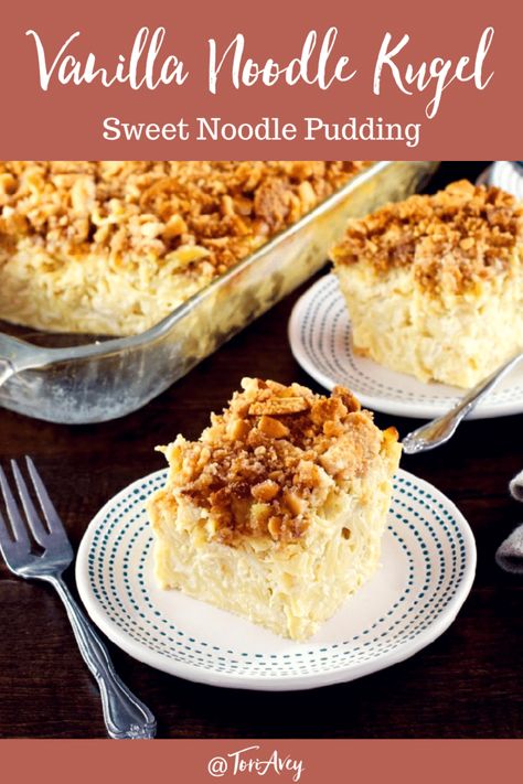 Vanilla Noodle Kugel. Made with luscious pudding, cream cheese and a crunchy wafer cookie topping, this vanilla-scented kugel is perfect for brunches, potlucks and holiday gatherings. | ToriAvey.com #kugel #kosher #brunch #noodlekugel #Shavuot #roshhashanah #yomkippurbreakfast #dairy #pudding #vanilla #TorisKitchen Sweet Noodle Kugel Recipe, Noodle Kugel Recipe, Shavuot Recipes, Wafer Cookie, Rosh Hashanah Recipes, Jewish Holiday Recipes, Jewish Cuisine, Cookie Toppings, Ceramic Baking Dish