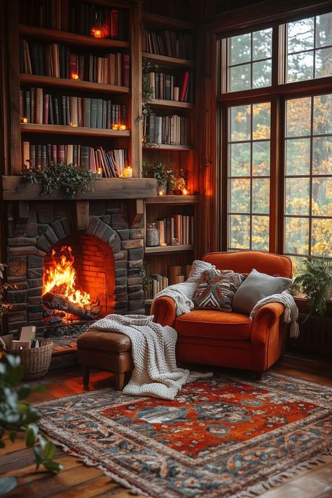 Cozy Rooms Living, Reading Fireplace Aesthetic, Cozy Winter Living Room Aesthetic, Cozy Living Rooms Night, Cozy Library With Fireplace, Chairs Facing Fireplace, Reading Corner Fireplace, Reading By The Fireplace, Library Room Fireplace