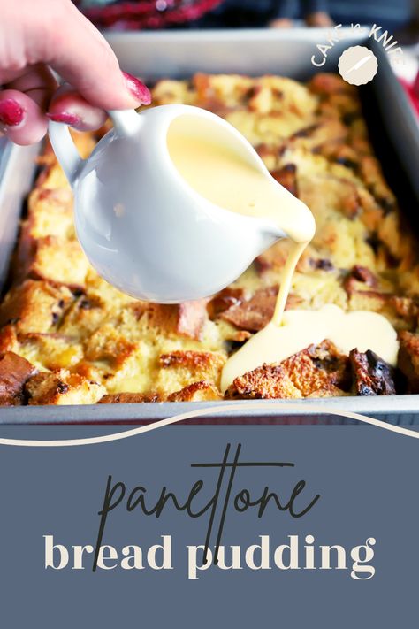 Panettone Bread Pudding is a whole new way to use the panettone bread that you have come to know and love this time of year. All the delicious flavors of the baked good are made that much more decadent in this bread pudding, served with a creamy creme anglaise. It's the ideal balance of sweet for dessert or even for a Christmas morning breakfast! Bread Pudding Panettone Recipe, Pannetone Bread Pudding Giada, Recipes Using Panatone Bread, Italian Bread Pudding Recipe, Bread Pudding With Panettone, Bread Pudding Christmas, Pantone Bread Pudding, Panatone Bread And Butter Pudding, Panettone Bread Pudding Ina Garten