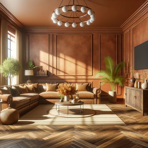 terracotta walls and brown floors Plum Walls, Brown Walls Living Room, Terracotta Walls, Light Colored Furniture, Coral Walls, Terracotta Wall, Brown Floors, Brown Walls, River House